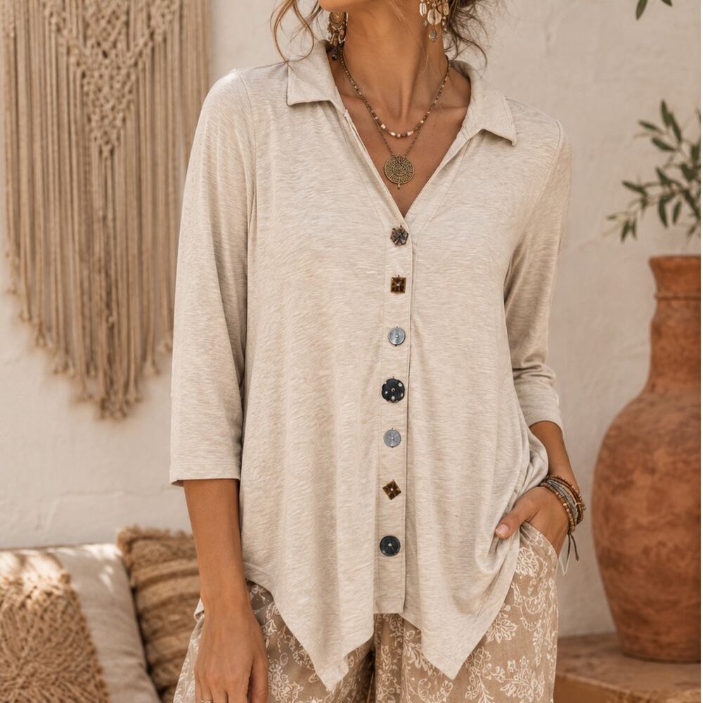 Soft Surroundings Danielle Button-Up Knt Top Womens Size SP Tan Boho-chic Earthy